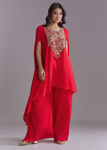 Red Chinon Kaftan Top And Palazzo Set With Embroidery