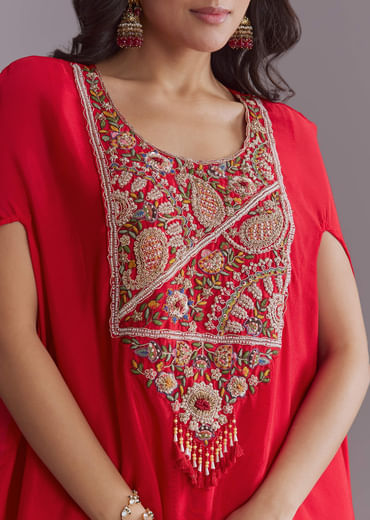 Red Chinon Kaftan Top And Palazzo Set With Embroidery