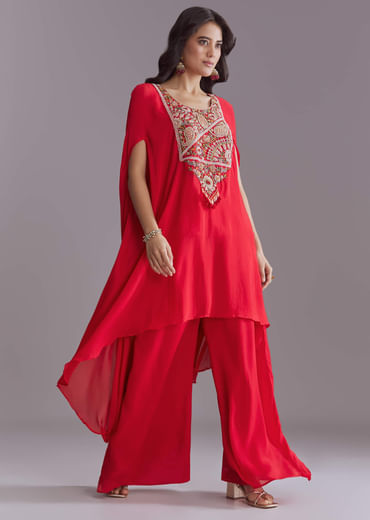 Red Chinon Kaftan Top And Palazzo Set With Embroidery