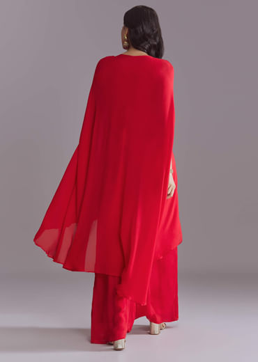 Red Chinon Kaftan Top And Palazzo Set With Embroidery