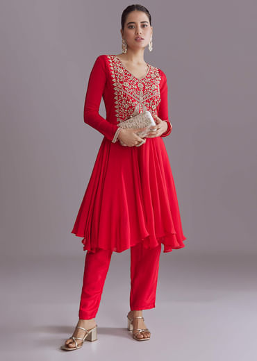 Red Chinon Peplum Kurta Set With Zardosi Work