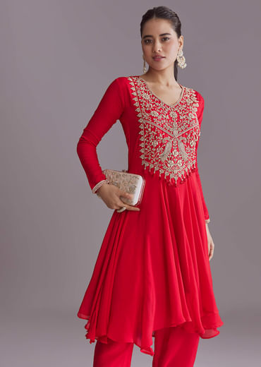 Red Chinon Peplum Kurta Set With Zardosi Work