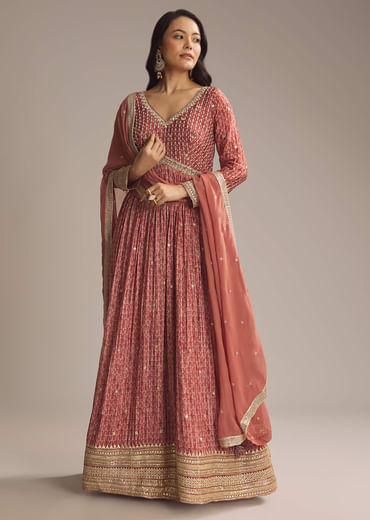 Red Chinon Printed Anarkali Suit With Heavy Embroidery