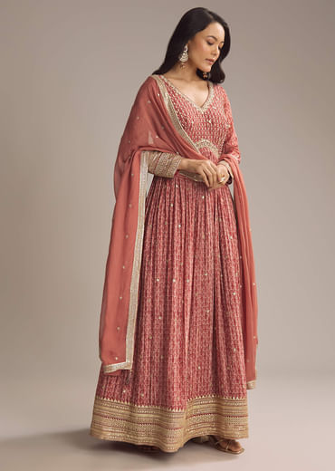 Red Chinon Printed Anarkali Suit With Heavy Embroidery