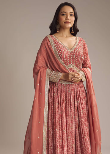 Red Chinon Printed Anarkali Suit With Heavy Embroidery
