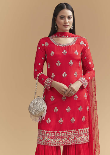 Red Chinon Sharara Suit With Intricate Cutdana Work