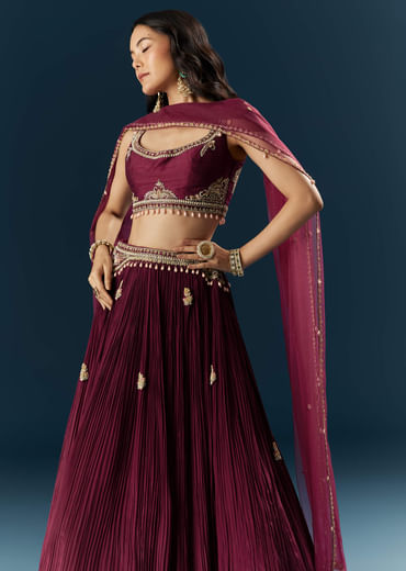Red Crepe Bridesmaid Lehenga With Sequins And Moti Embroidery