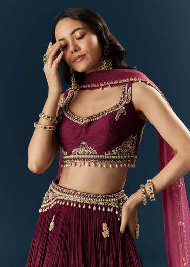 Red Crepe Bridesmaid Lehenga With Sequins And Moti Embroidery