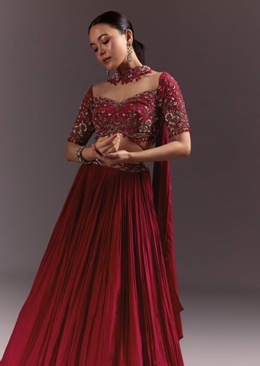 Red Crepe Hand Embroidered Lehenga Set With Dupatta
