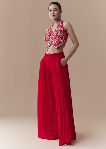 Red Crop Top Silk Palazzo Set with Cudtana Embroidery