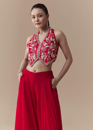 Red Crop Top Silk Palazzo Set with Cudtana Embroidery
