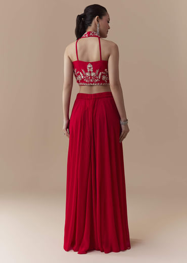 Red Crop Top Silk Palazzo Set with Cudtana Embroidery