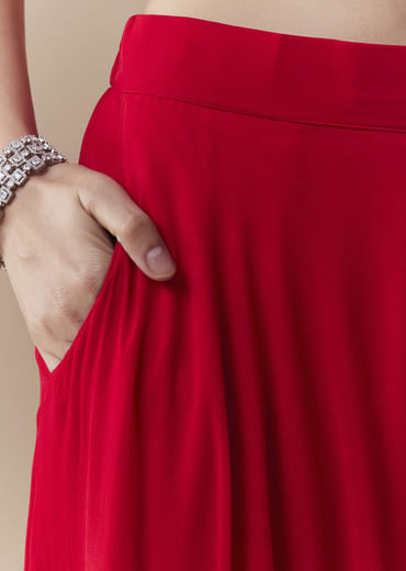 Red Crop Top Silk Palazzo Set with Cudtana Embroidery