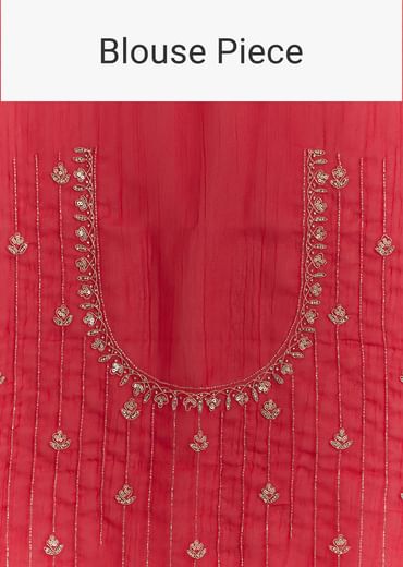Red Crushed Tissue Embroidered Saree With Scallop Border