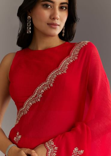 Red Crushed Tissue Embroidered Saree With Scallop Border