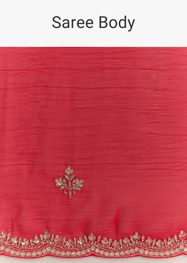 Red Crushed Tissue Embroidered Saree With Scallop Border