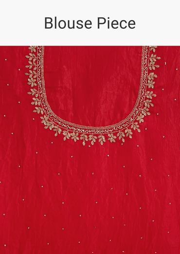 Red Crushed Tissue Stone Embellished Saree With Cutdana Scallop Border