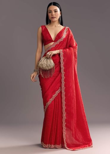 Red Crushed Tissue Stone Embellished Saree With Cutdana Scallop Border
