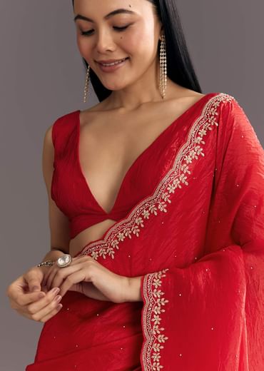 Red Crushed Tissue Stone Embellished Saree With Cutdana Scallop Border