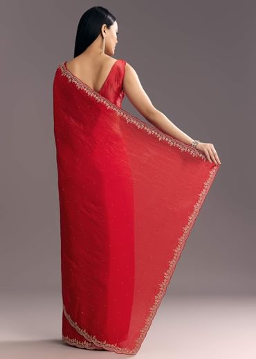 Red Crushed Tissue Stone Embellished Saree With Cutdana Scallop Border