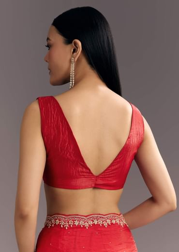 Red Crushed Tissue Stone Embellished Saree With Cutdana Scallop Border