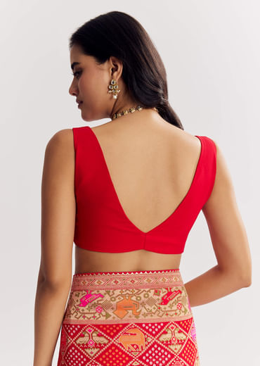 Red Dola Silk Bandhani Saree With Multicolor Animal Motifs And Gota Border