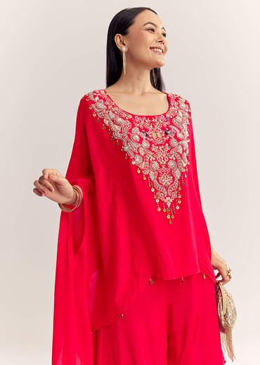 Red Dola Silk Cape Kurta Set With Embroidery Red Dola Silk Cape Kurta Set With Embroidery