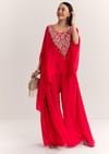 Red Dola Silk Cape Kurta Set With Embroidery