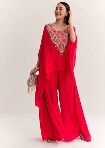 Red Dola Silk Cape Kurta Set With Embroidery Red Dola Silk Cape Kurta Set With Embroidery