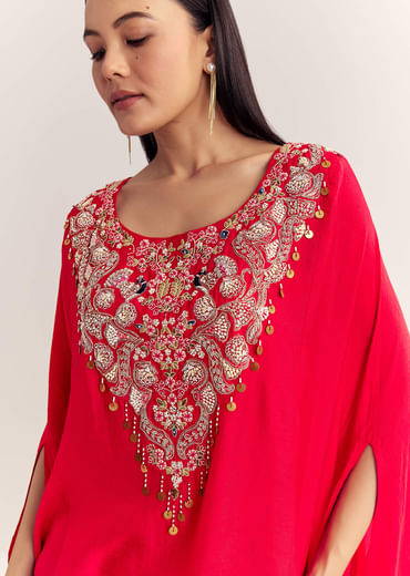 Red Dola Silk Cape Kurta Set With Embroidery Red Dola Silk Cape Kurta Set With Embroidery