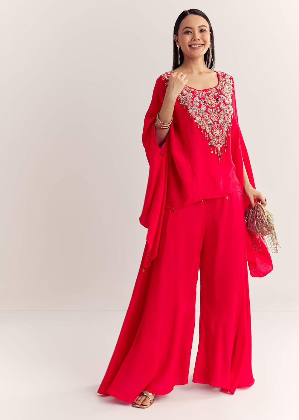 Red Dola Silk Cape Kurta Set With Embroidery