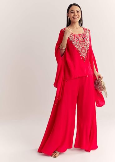 Red Dola Silk Cape Kurta Set With Embroidery Red Dola Silk Cape Kurta Set With Embroidery