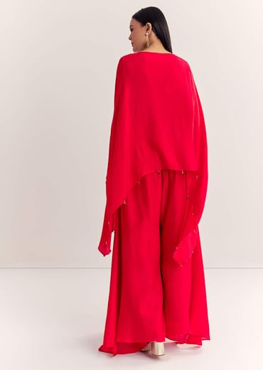 Red Dola Silk Cape Kurta Set With Embroidery Red Dola Silk Cape Kurta Set With Embroidery