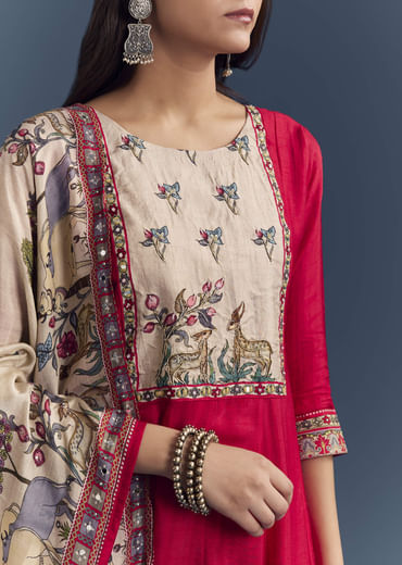 Red Dola Silk Printed Anarkali Suit With Intricate Hand Embroidery