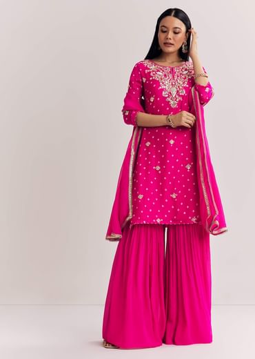 Pink Dola Silk Sharara Suit With Embroidered Print