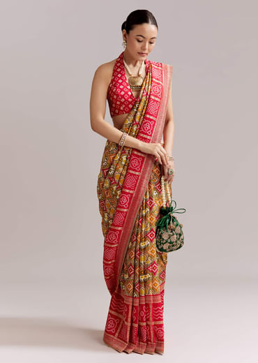 Red Dola Silk Woven Bandhani Saree With Gotapatti Detailing