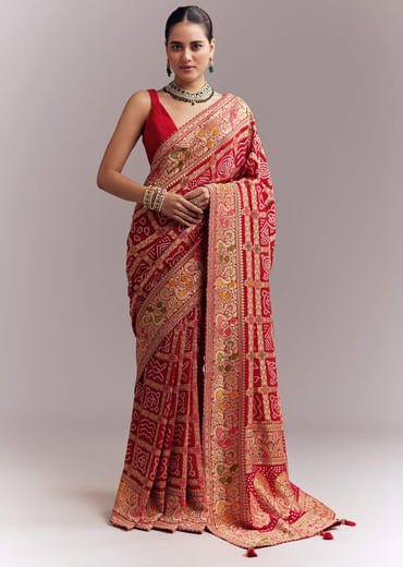 Red Dola Silk Woven Saree With Bandhani And Floral Work