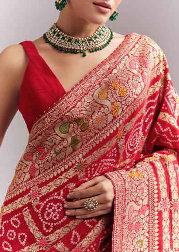 Red Dola Silk Woven Saree With Bandhani And Floral Work
