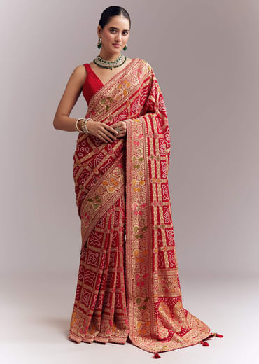 Red Dola Silk Woven Saree With Bandhani And Floral Work