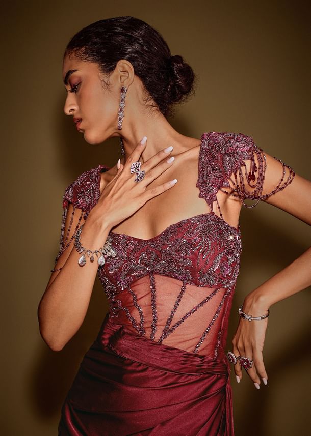 Red Embroidered Corset Gown With Attached Tassel Cape