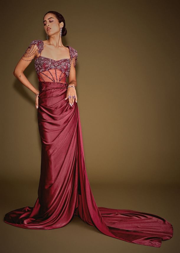 Red Embroidered Corset Gown With Attached Tassel Cape