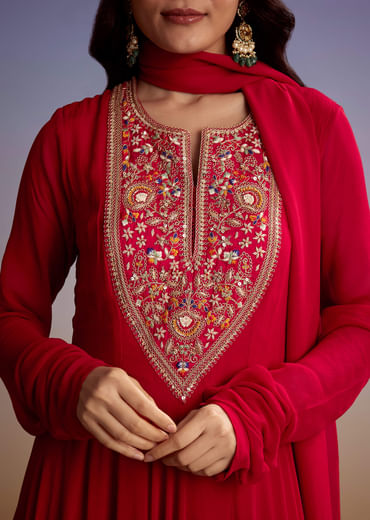 Red Georgette Anarkali Suit With Zari And Sequins Work