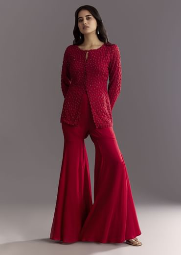 Red Georgette Beaded Kurta Sharara Suit