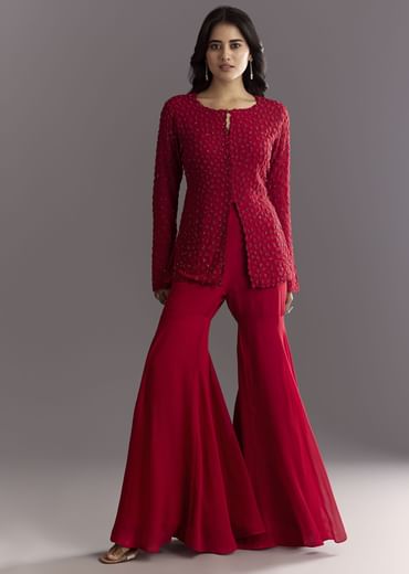 Red Georgette Beaded Kurta Sharara Suit