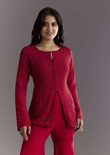 Red Georgette Beaded Kurta Sharara Suit