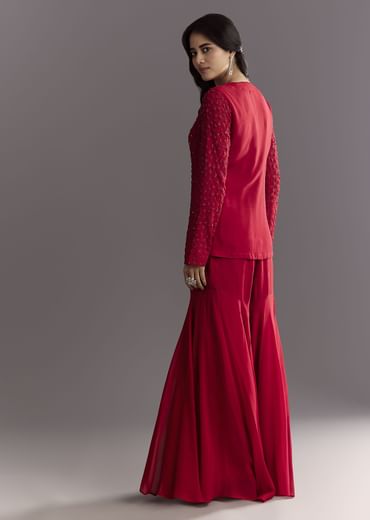 Red Georgette Beaded Kurta Sharara Suit
