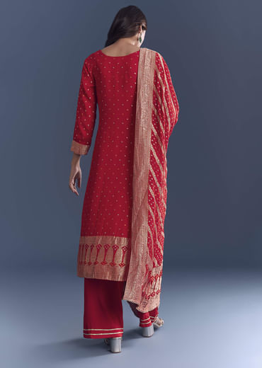 Red Georgette Kurta Set With Bandhani Print And Jacquard Weave