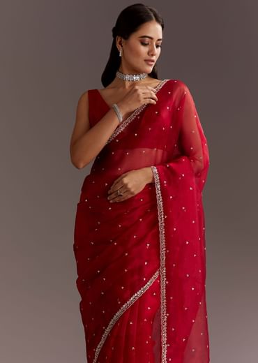 Red Glass Tissue Saree With Cutdana And Sequins Scallop Border