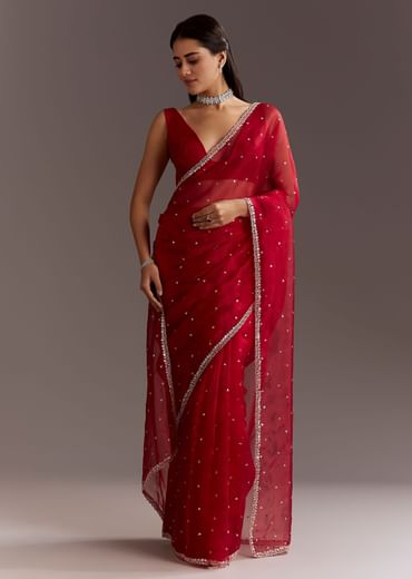 Red Glass Tissue Saree With Cutdana And Sequins Scallop Border