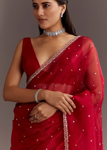 Red Glass Tissue Saree With Cutdana And Sequins Scallop Border